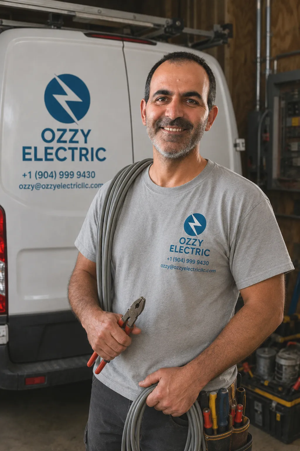 Ozzy, founder of Ozzy Electric, with the company van